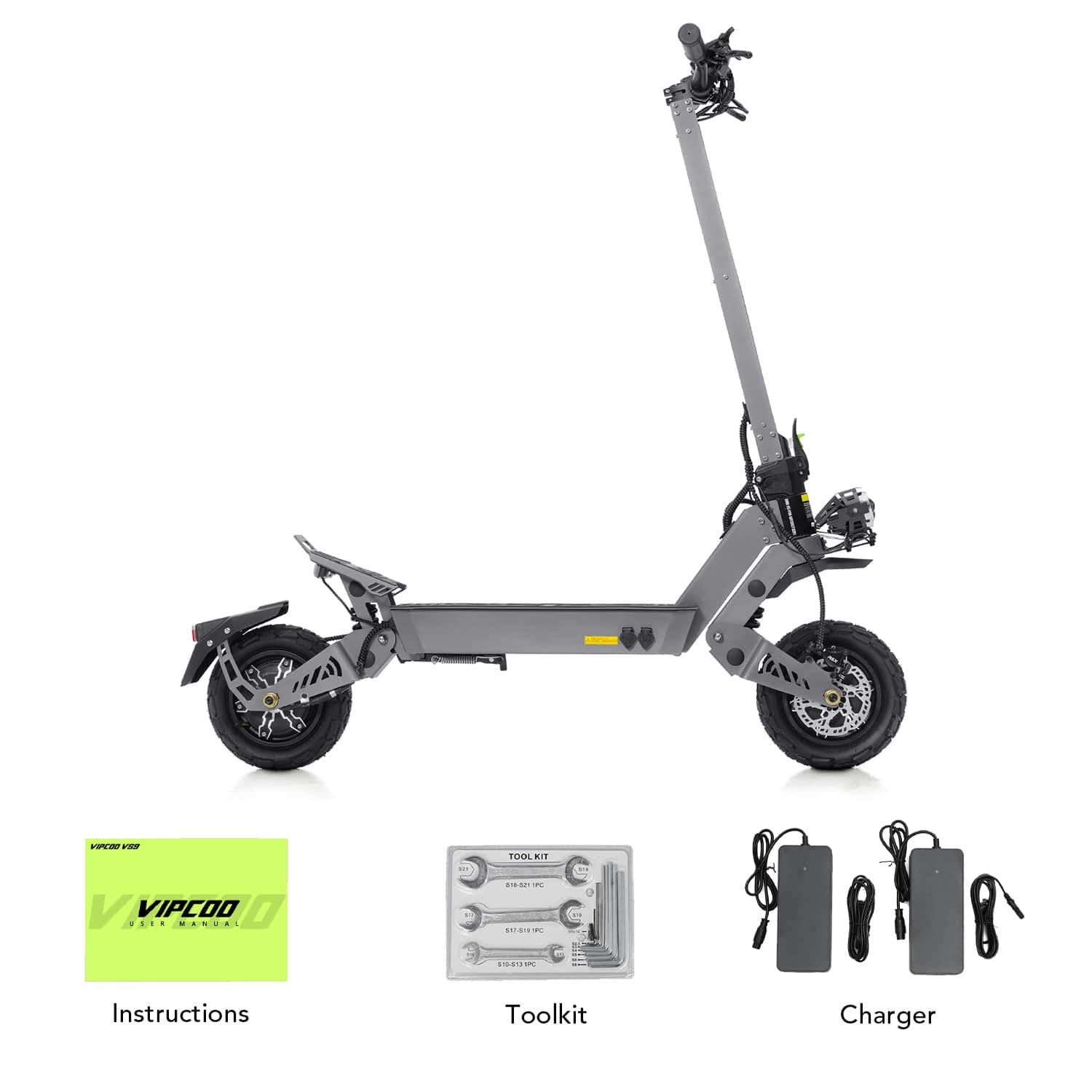 Trottinette Électrique Puissante VIPCOO VS9 – 65 km/h, Double Moteur 3600W, Batterie 60V26Ah, Tout-Terrain avec Suspension à Ressort